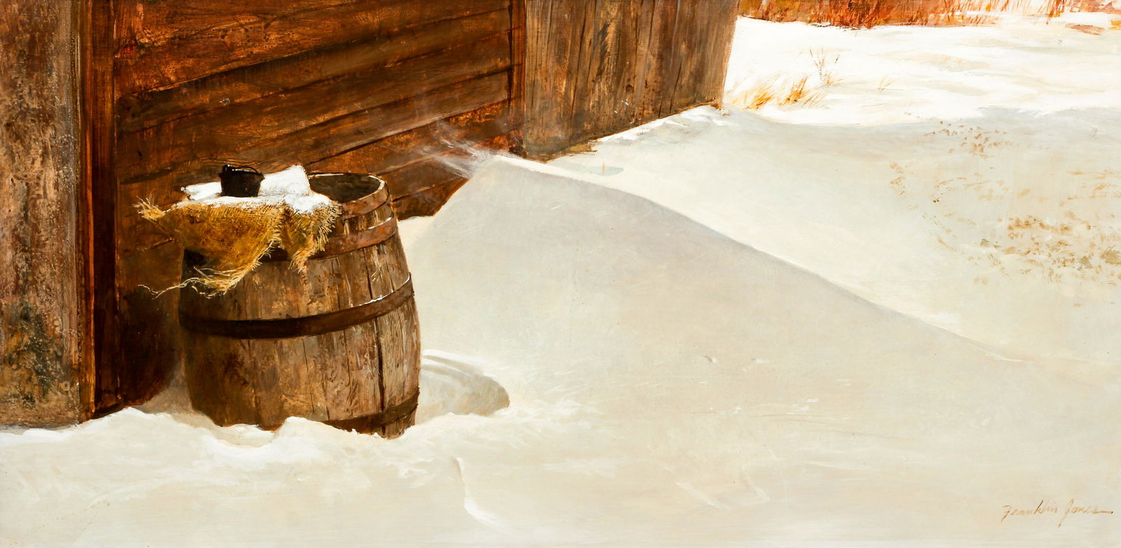 Franklin Jones Drift oil painting on panel: Jones, Franklin Reed (American 1921-2007), Drift, oil on masonite panel, 15 x 30 inches, signed lower right, framed measuring 22 x 37 inches.