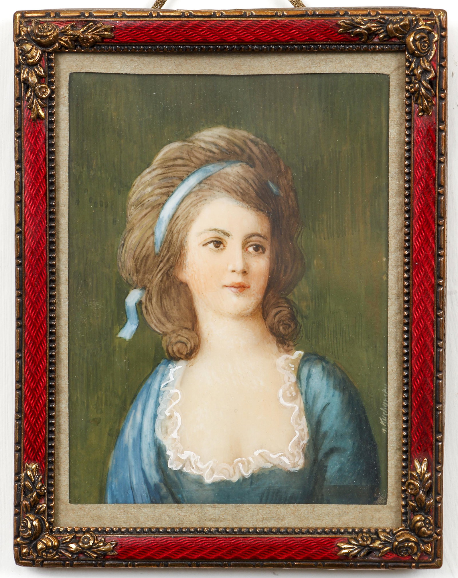 A. Kucharsky 19th c. Miniature Portrait of a Lady: Kucharsky, A. (Polish/French, 1741-1819), 19th century hand-painted miniature portrait of a lady, measuring 4 x 3.25 inches in frame.