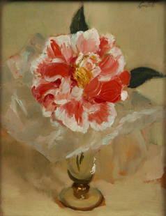 Edward Barnard Lintott oil Camellia Still Life: Lintott, Edward Barnard (American, 1875-1951), Camellia, oil on cardboard, 9.5 x 7.5 inches, signed upper right, Provenance: Concept Art Gallery Auction, James White Estate Auction, framed in a period