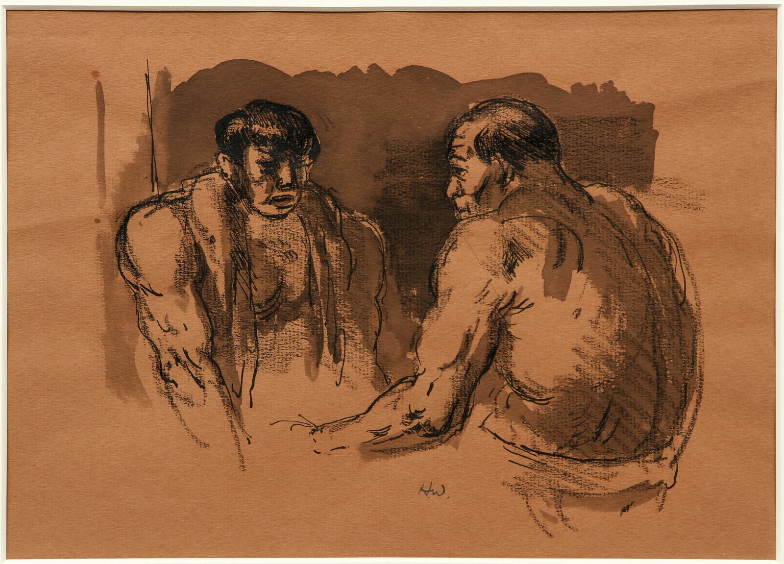Harry Wickey wash drawing Two Boxers (1 of 4)