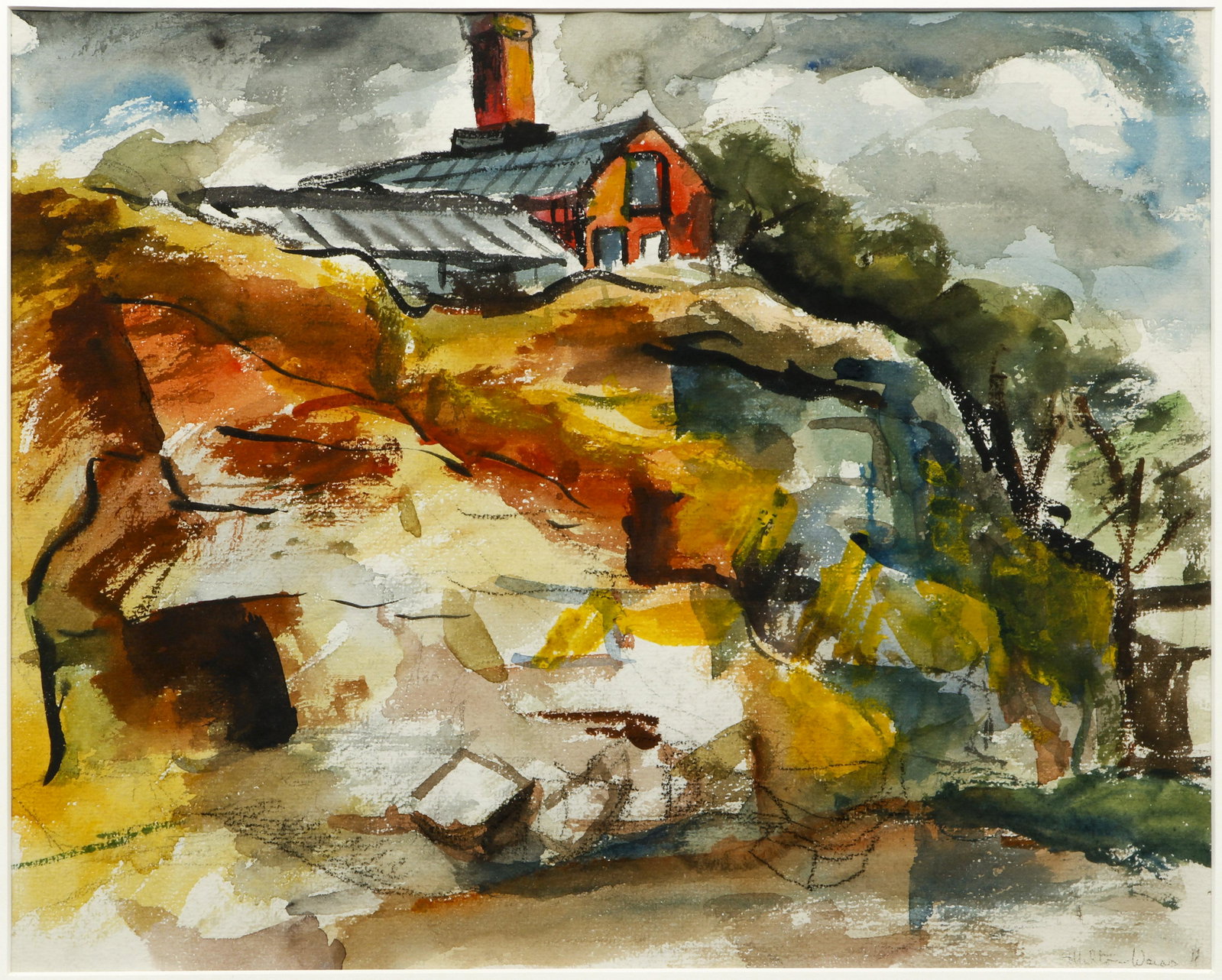 Milton Weiss watercolor Farm and Greenhouse: Weiss, Milton G.(Hungarian/American/Western Pa. , 1912-1995), Farm and Greenhouse, circa 1940's, watercolor and pencil, 10.5 x 13 inches, signed lower right, framed in a flat panel cherry wood frame m