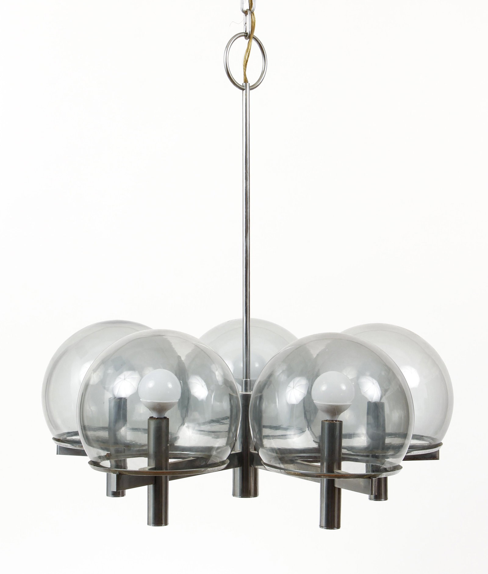 Mid Century 5 Arm Chrome Chandelier: 5 Arm with smokey glass globe shades, 23.5 x 19 inches.