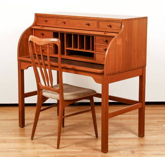 Andreas Hansen Roll Top Desk with Chair MCM: Hansen, Andreas for Hadsten, Danish Mid Century Modern Wooden Roll Top Desk, c.1970s, original label on underside, 44 x 44 x 24 inches, this lot also includes a Danish MCM wood chair by Koefoeds Horns