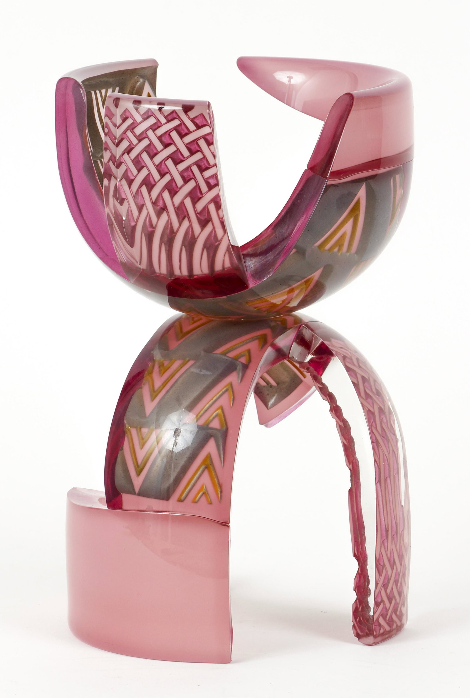 Concetta Mason 1988 glass sculpture Rhapsody in Pink: Mason, Concetta (American, born 1956), Rhapsody in Pink, 1988, blown, sandblasted, molded and laminated glass, 12 x 7.5 x 7.5 inches, signed, titled, dated, and inscribed SE 2890 on underside, Provena
