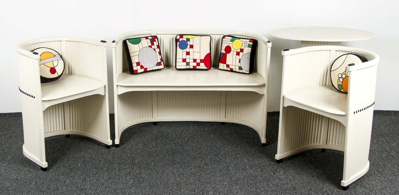 Robert Oerley 4 piece Breakfast or Salon Suite: Oerley, Robert in the style of the Wiener Werkstätte. with Spindle back chairs, bench, and table pedestal, Hardwood, painted cream color. Possibly made by Hans Reinstein, early 20th century, table 29