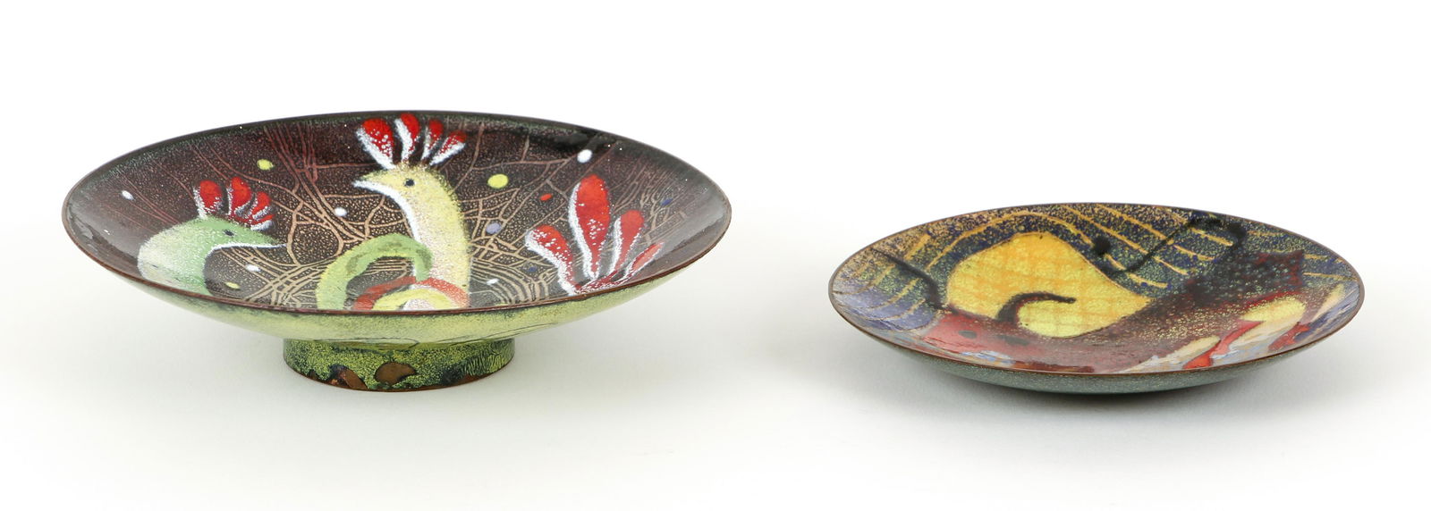 2 Virgil Cantini Enamel Dishes: Cantini, Virgil D. (American/Western Pa. 1919-2009), Chickens Dish and Bull Dish, 6 inch and 4.5 inch diameter, enamel on metal, signed Virgil Cantini on underside.