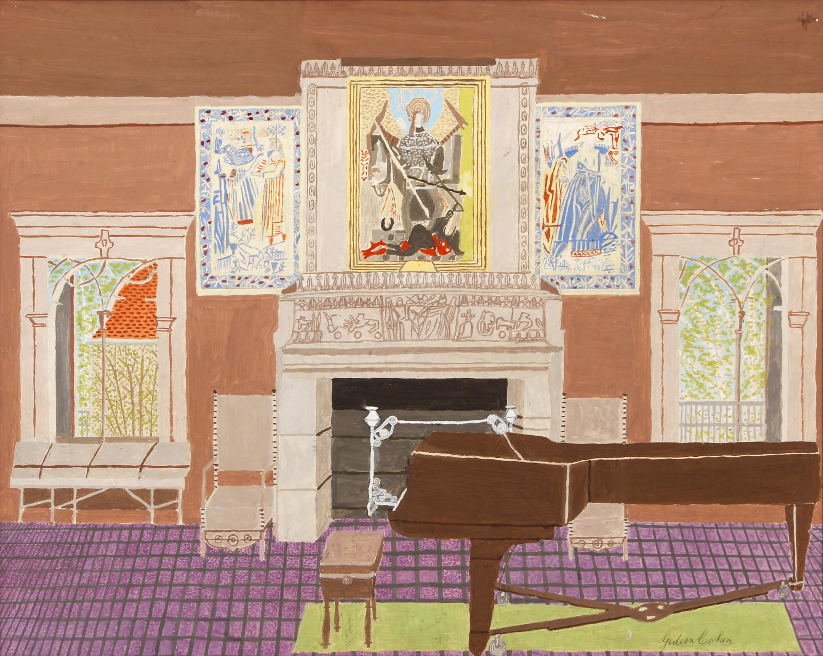 Gideon Cohen casein Gardner Museum Concert Hall: Cohen, Gideon (British/American 1894-1989), Title: The Concert Hall at The Gardner Museum, Medium: casein on artist's board, Dimensions: 24 x 30 inches, signed twice lower right, Description: Gideon C
