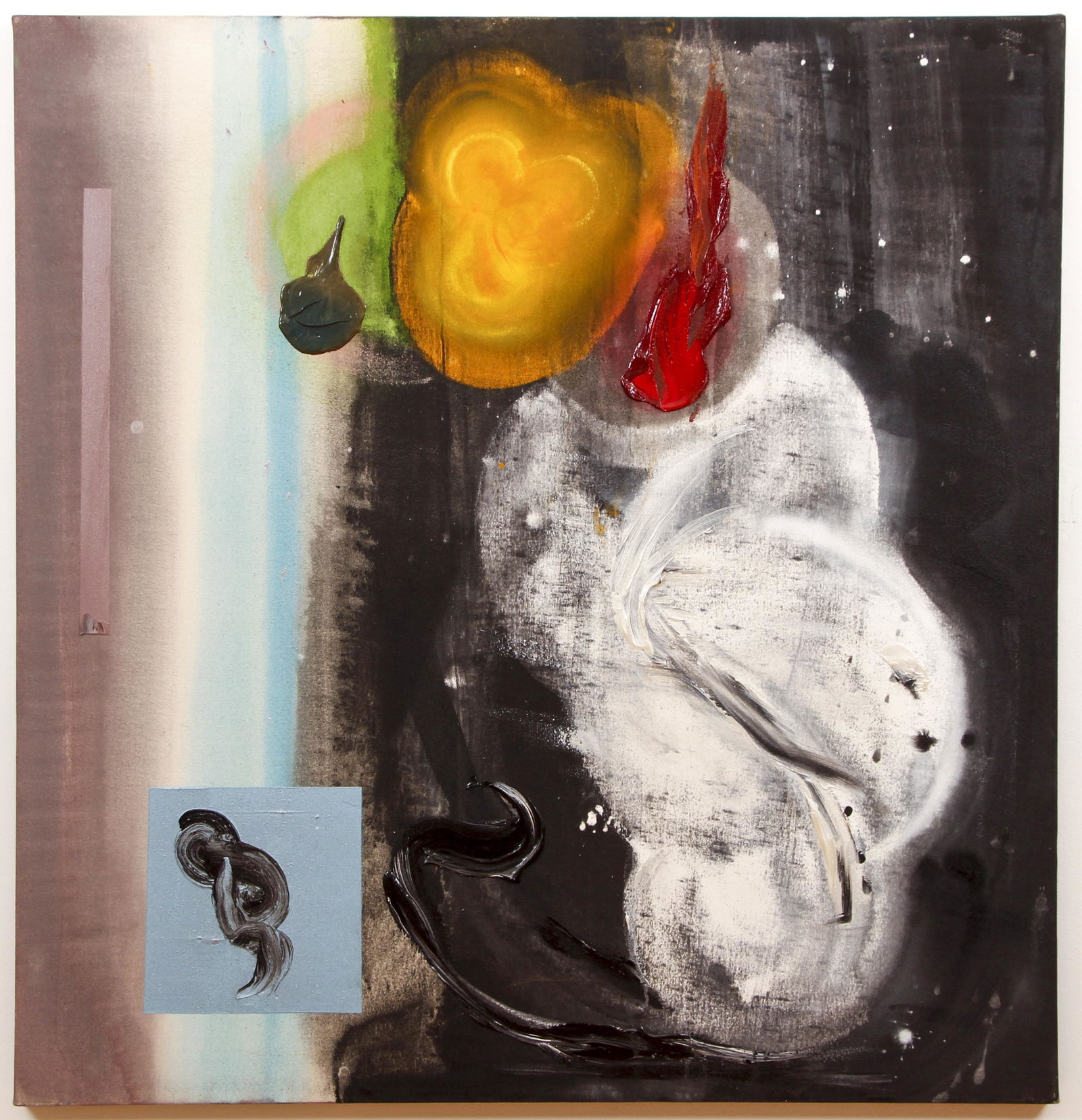 Stephen Mueller 1988 acrylic ptg Kind Hearted: Mueller, Stephen (American, 1947-2011), KIND HEARTED INSOUCIANCE, 1988, acrylic on canvas, 50 x 48 inches, signed, dated and titled on canvas overlap, Provenance: Annina Nosei Gallery, N.Y.