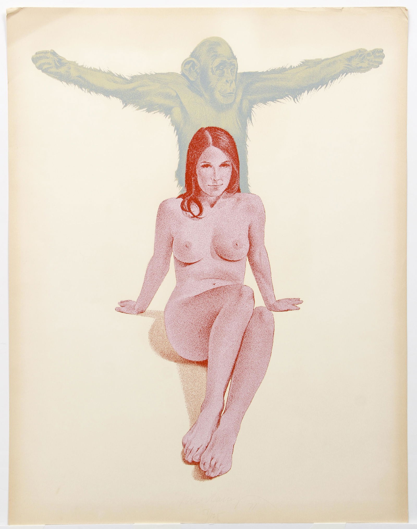 Mel Ramos Chimpanzee 1971 Original Serigraph Signed: Ramos, Mel (American, b.1935) Chimpanzee and Nude, 1971, serigraph printed in colors, signed, dated and numbered 58/125 in pencil at bottom center, full sheet 32 x 24, unframed.