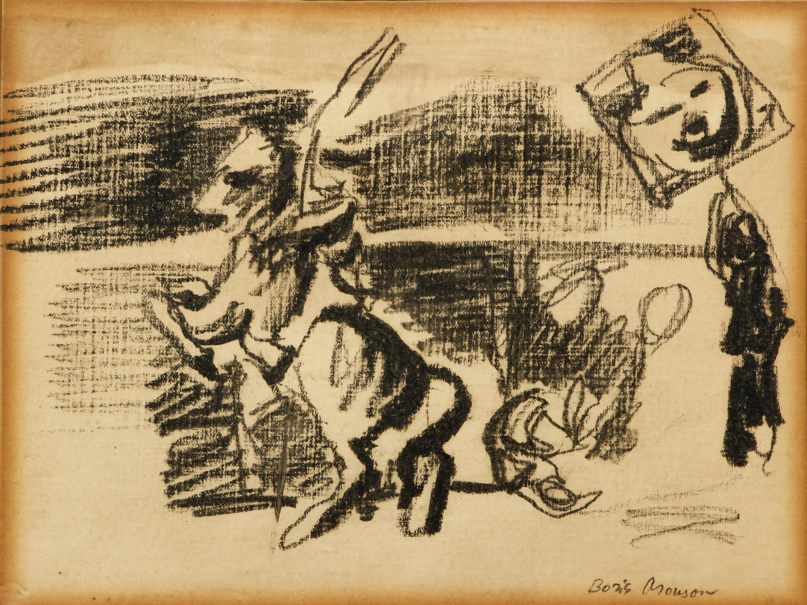Boris Aronson Charcoal Drawing The Circus: Aronson, Boris Solomonovich (Russian, 1900-1980), The Circus, undated, charcoal drawing on paper, signed lower right, 6 x 8 inches, matted and framed 11 x 12 inches. Aronson was best known for his sta