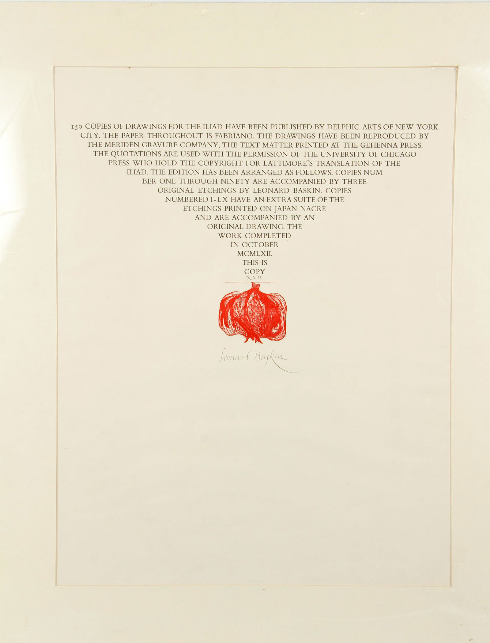 Leonard Baskin Signed Colophon with Woodcut (1 of 3)