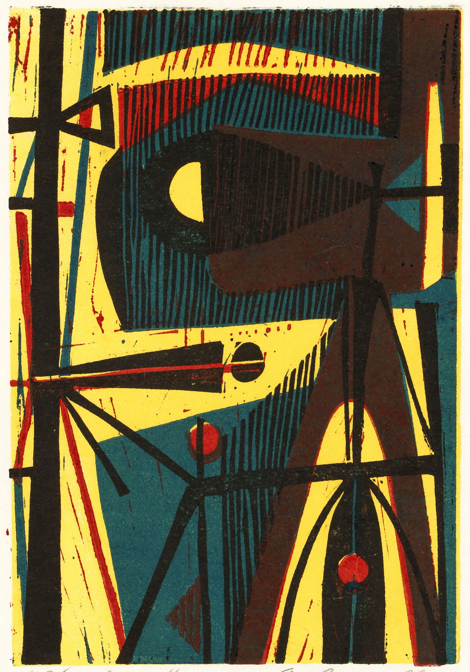 Edmund Casarella 1950's color woodcut Signal Man (1 of 5)