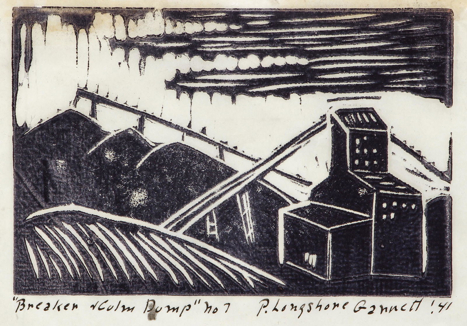 Priscilla Longshore Garrett Scranton Woodcut 1941: Garrett, Priscilla Longshore (American/Eastern PA, 1907-1992), Breaker Culm Dump No 7, 1941, woodcut on thin paper, signed, titled and dated in ink at bottom, impression 4 x 6 inches, full sheet 5 x 7