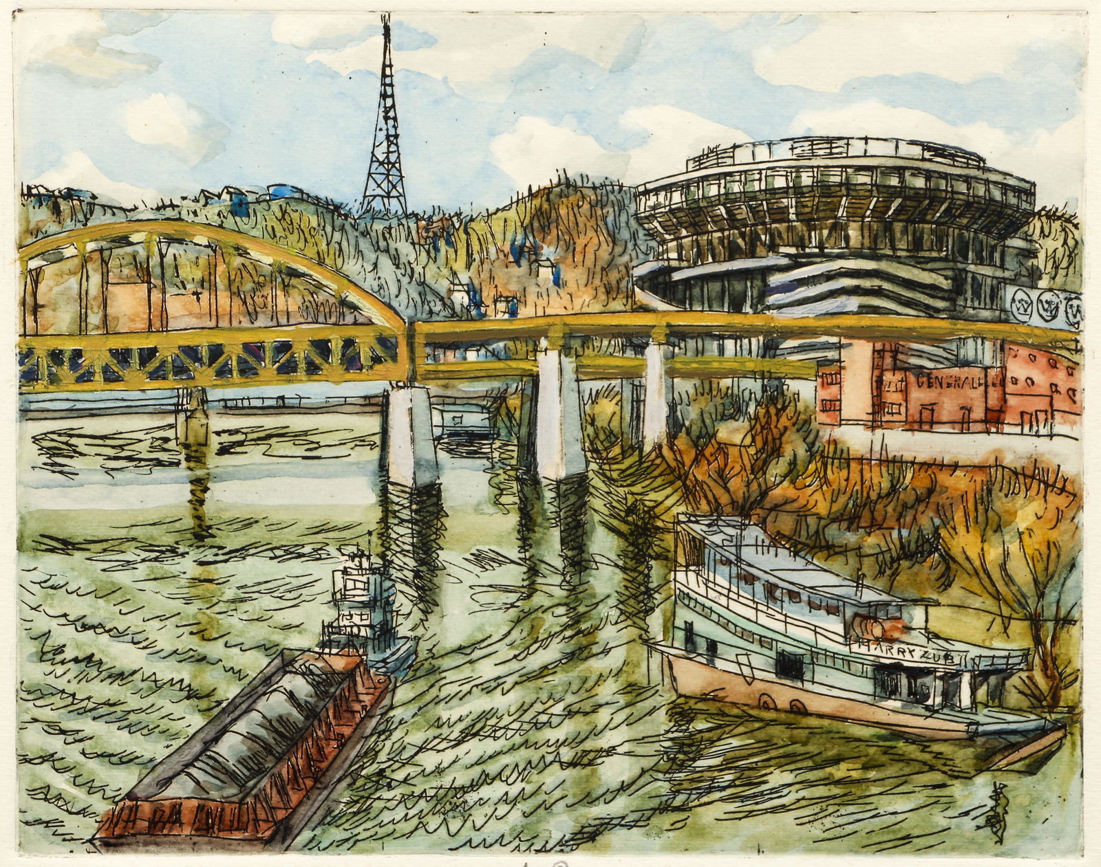 Henry Koerner 1971 hand colored etching Bridge and (1 of 5)