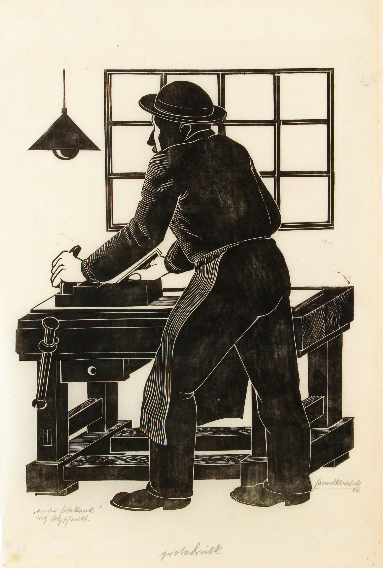 Hanns Kralik At the Workbench Signed Linocut 1932 (1 of 5)