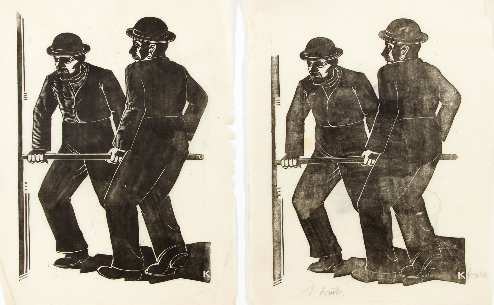 Hanns Kralik Two Workers Linocut in two states: Kralik, Hanns (German, 1900-1971), Pair of Linocuts: Two Workers, in two states, c.1932, linocuts on laid paper, one is signed at bottom and this one also has a small pencil sketch on the reverse, imp