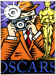 Burton Morris signed Oscars 2004 Poster: Morris, Burton (American/Pittsburgh, born 1964), Oscars 2004, official poster, signed, dated, and dedicated in gold ink, 36 x 26.5 inches, framed in a silver metal frame measuring 44 x 35 inches.