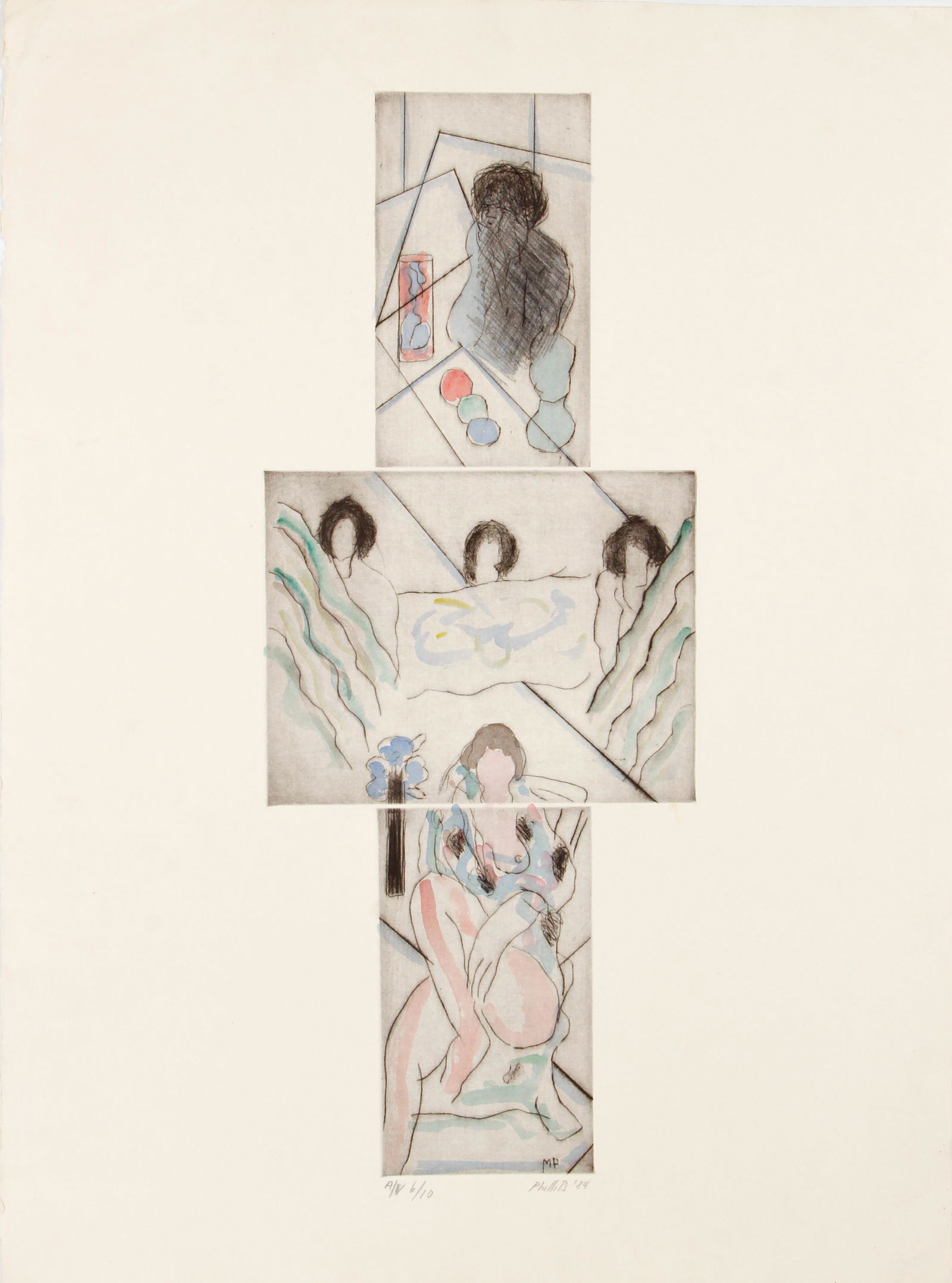 Matt Phillips hand colored etching Figure Study etching: Phillips, Matt (American 1927-2017), Figures in Various Spaces, 1984, hand colored etching, 25 x 10 inches, signed, dated, and inscribed AV 6/10 along the lower margin.