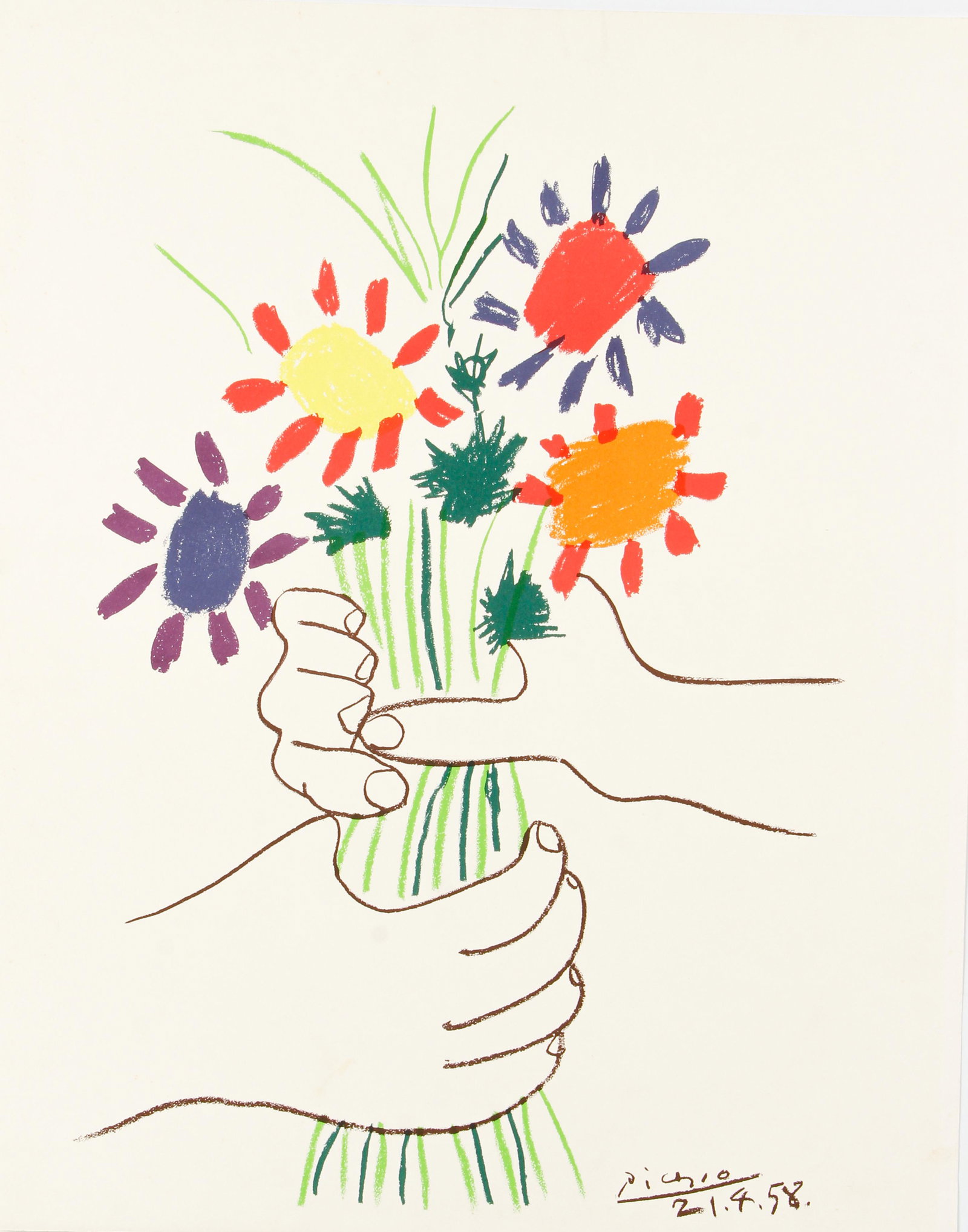 Pablo Picasso Bouquet of Peace Flowers Print: Picasso, after Pablo, Bouquet of Peace, 1980s, color litho on Arches, a later reprinting of this famous image, full sheet 24.25 x 19.5 inches, unframed.