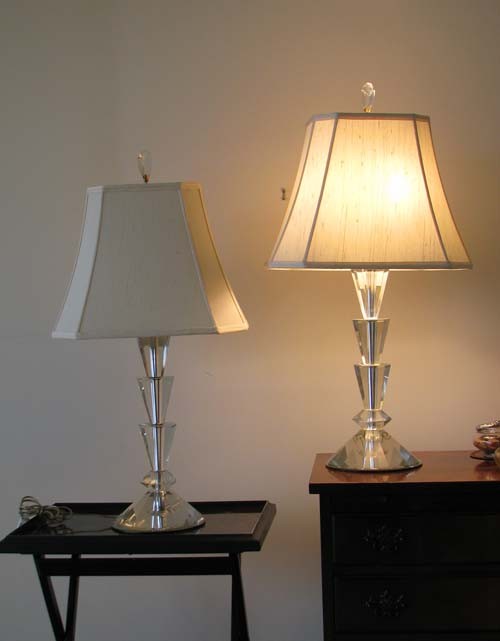 Pair of Lucite Table Lamps with Mirrored Bottoms, : Title: Pair of Lucite Art Deco Style Table Lamps with Mirrored Bottoms Medium: lucite Dimensions: 31 inches tall
