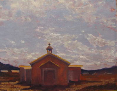 William Berra oil on canvas Old Church New Mexico: Artist: Berra, William M. (American, born 1952) Title: Old Church, N.M. Date: n.d. Medium: oil on canvasboard Dimensions: 9 x 12 inches Description: a lovely twilight landscape of a New Mexico