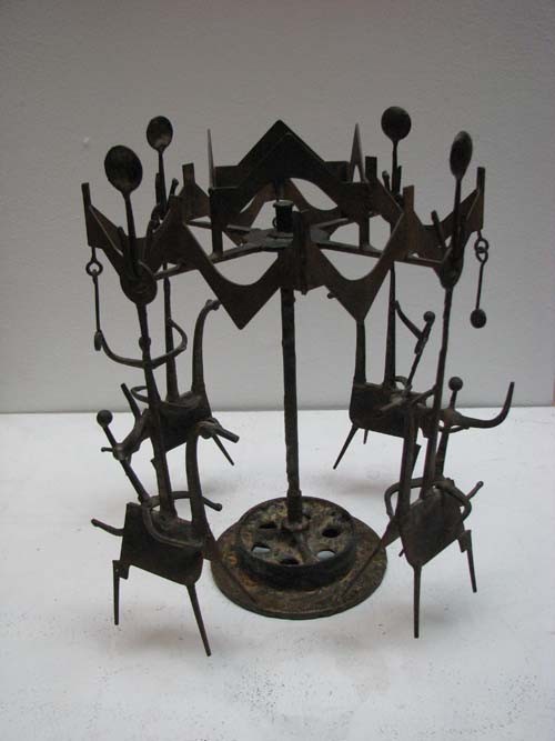 Henry Bursztynowicz 1950's Merry Go Round Sculptur: Artist: Bursztynowicz, Henry (American, 1922-2001) Title: Merry Go Round Date: c. 1950s Medium: welded metal Dimensions: 13 1/4 x 6 inch diameter base, each horse 12 x 4 inches Description: 4 r