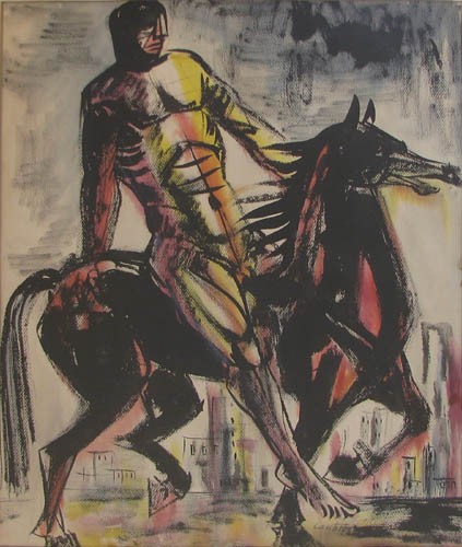 Virgil Cantini Fourth Horseman of the Apocalypse w: Artist: Cantini, Virgil D. (American/Western Pa. 1919-2009) Title: The Fourth Horseman Date: c. 1950 Medium: watercolor, ink on paper Dimensions: 29 x 21.5 inches (sight) Signature: Signed Cant