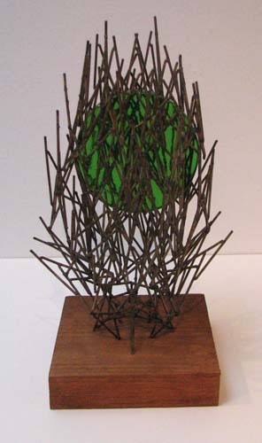 Glen Davis Welded Metal and Green Glass Sculpture : Artist: Davis, William Glen (20th Century Western Pa.) Title: Welded Metal and Green Glass Circle Date: 1974 Medium: welded metal, green glass, wood pedestal Dimensions: 18.5 x 9 x 10 inches Signat