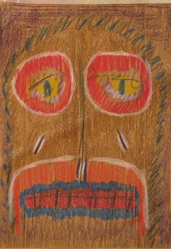 Rafael Ferrer crayon on paper bag "Head": Artist: Ferrer, Rafael (Puerto Rican American, born 1933) Title: Head Date: 1977 Medium: crayon on paper bag Dimensions: 19 x 11.8 Signature: signed, dated and dedicated on bag reverse Pr
