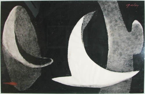 B. G. Galey painting "Protective Form III with Red: Artist: Galey, B. G. (American Western Pa. 1914-2007) Title: Protective Form III with Red Spot Date: 1960's Medium: tempera on paper Dimensions: 29 x 40 inches Description: an interesting biomo