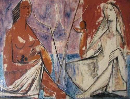 Lambery Swiss Painted Ceramic Diptych: Artist: Lambery Title: Cubist Figures Date: c. 1950s Medium: glazed ceramic Dimensions: 17.5 x 12.5 x .75 inches (each panel) Signature: Signed and inscribed Made in Switzerland on each panel