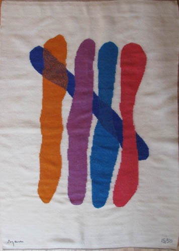 Mann Abstract Wall Hanging Rug: Artist: Mann Title: Untitled Abstract Date: n.d. Medium: fiber art Dimensions: 79 x 59 inches Edition Number: 15/50 Signature: signed and dated, sewn on bottom edge