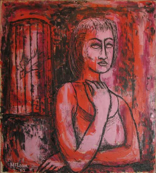 Phyllis McLean Woman with Bird in Cage: Artist: McLean, Phyllis (born in China 1932) Title: Woman with Bird in cae Date: 1957 Medium: acrylic on canvas Dimensions: 35 x 30 inches Signature: Signed McLean 57 lower left Provenanc
