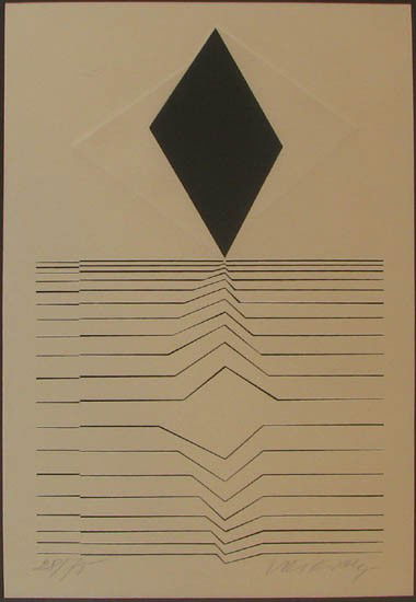 Early Victor Vasarely Intaglio print: Artist: Vasarely, Victor (French/Hungarian 1908-1997) Title: Untitled Medium: intaglio Dimensions: 14 x 8.5 inches (image) Edition Number: 28/75 Signature: Pencil signed and numbered lower mar