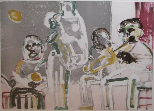 Romare Bearden orig litho Tenor Sermon from the J: Bearden, Romare (American, 1914-1988) "Tenor Sermon" from the Jazz series,1979 lithograph printed in colors 24-7/8 x 34-5/8 inches 2/175 pencil signed and numbered along the left edge London Arts, Det