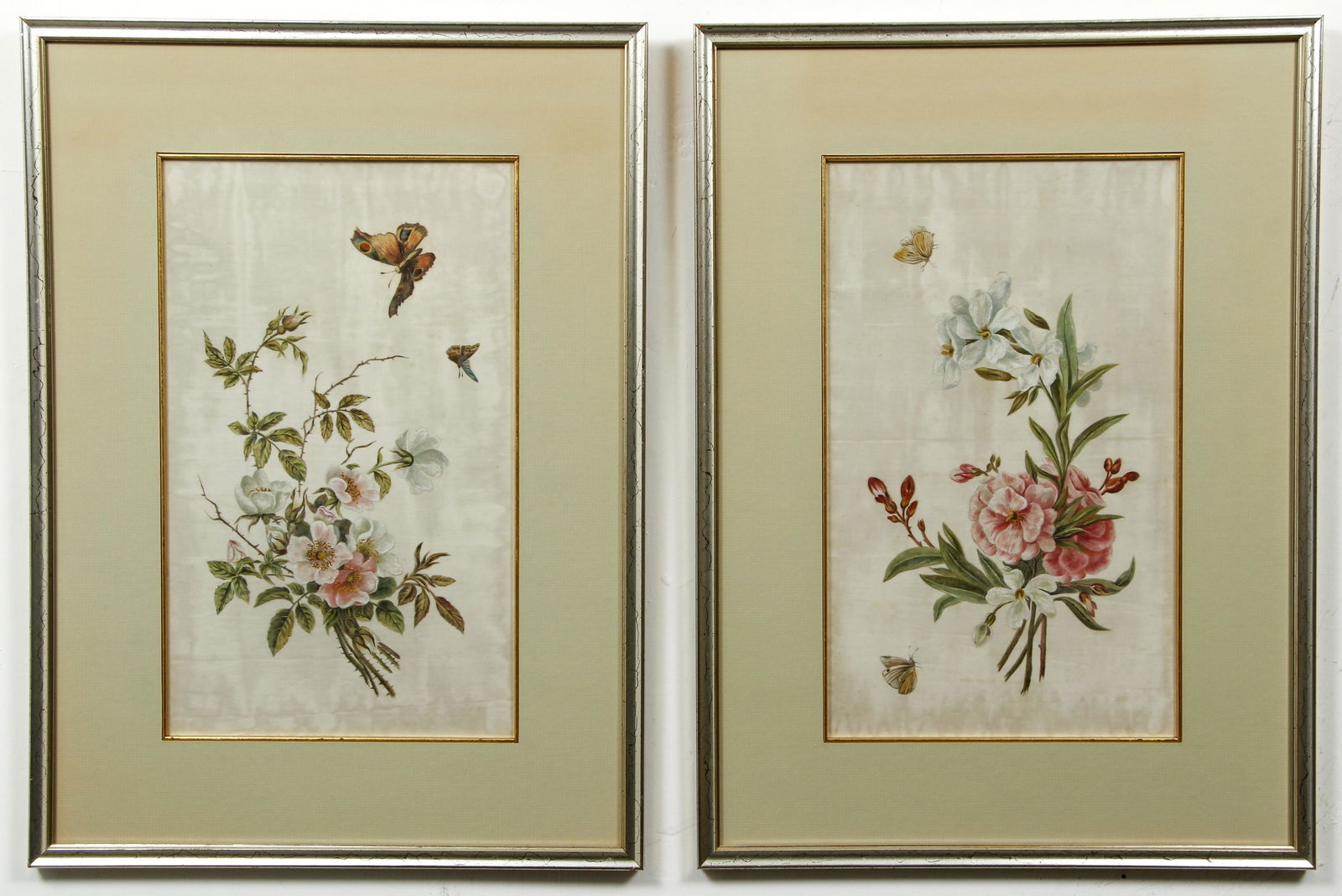 Pair Chinese Floral and Insect Paintings on silk (1 of 4)