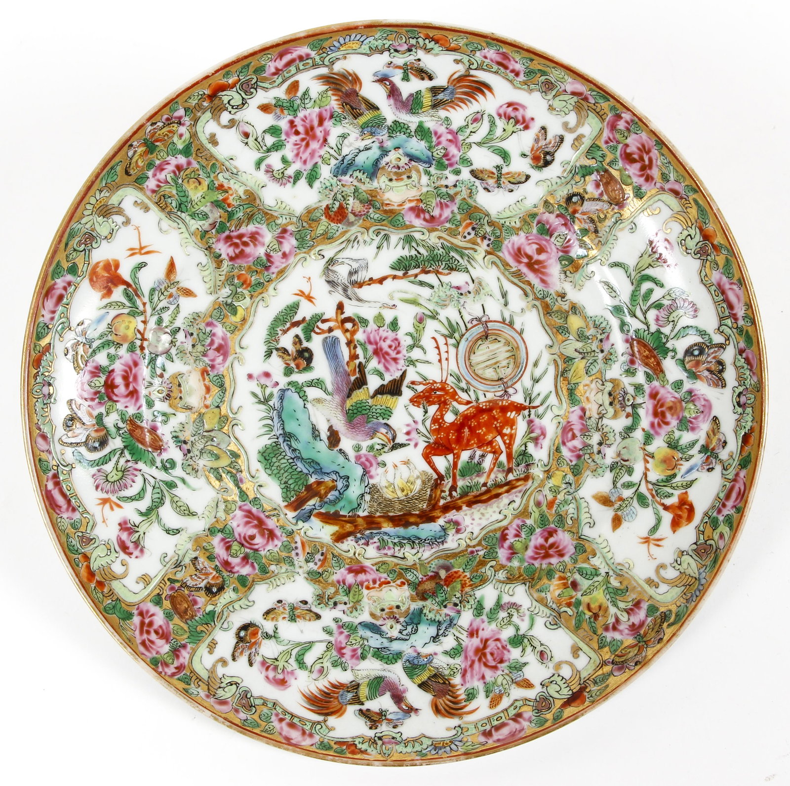 Chinese Rose Medallion Porcelain Plate: Chinese Rose Medallion porcelain plate, hawk and goat in central medallion, 8.5 inches diameter, circa 1860, Provenance: from the Estate of J. David Barnes, Fox Chapel, Pa.