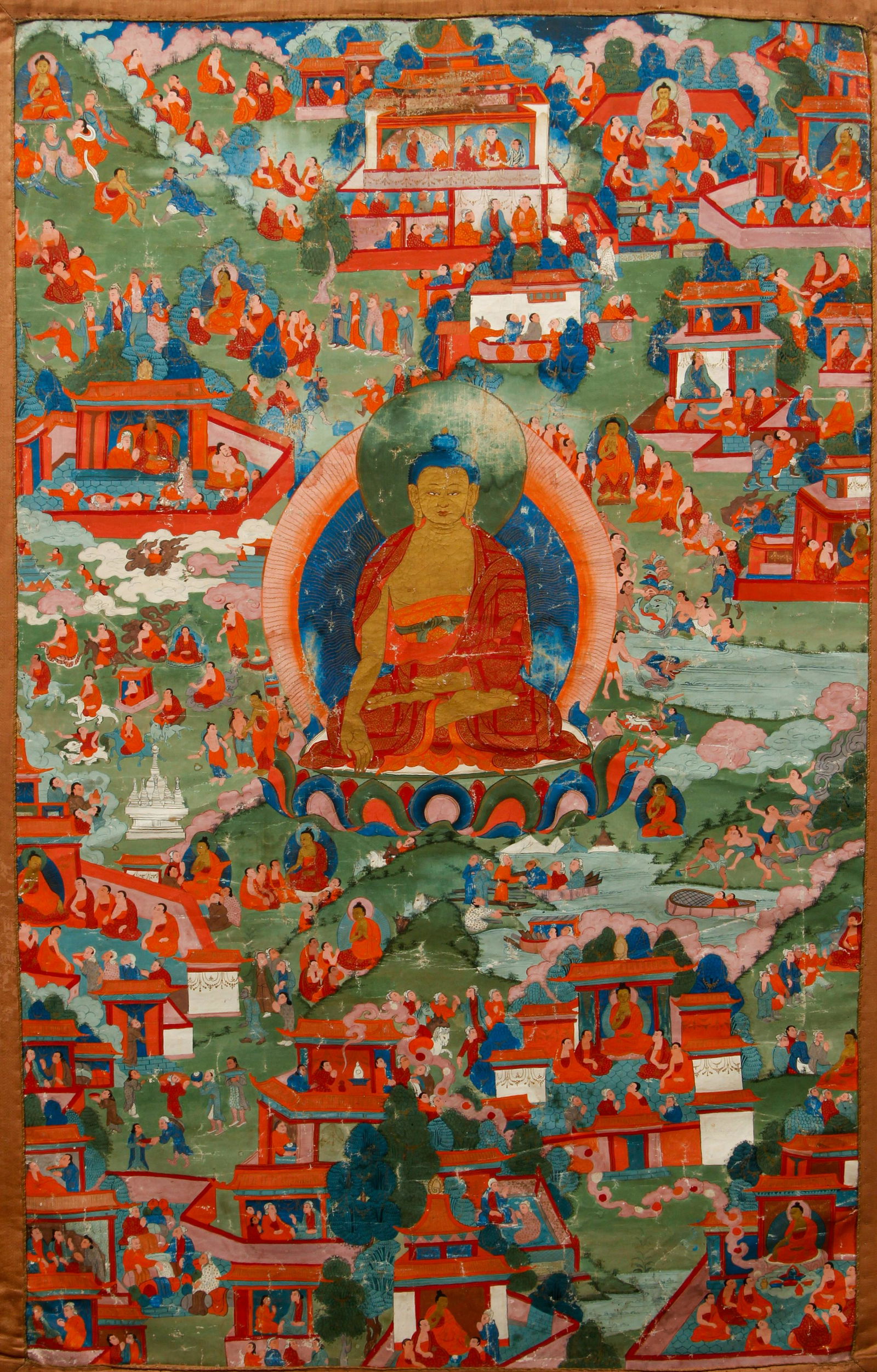 Tibetan Thangka Seated Buddha with Life Story Scenes (1 of 4)