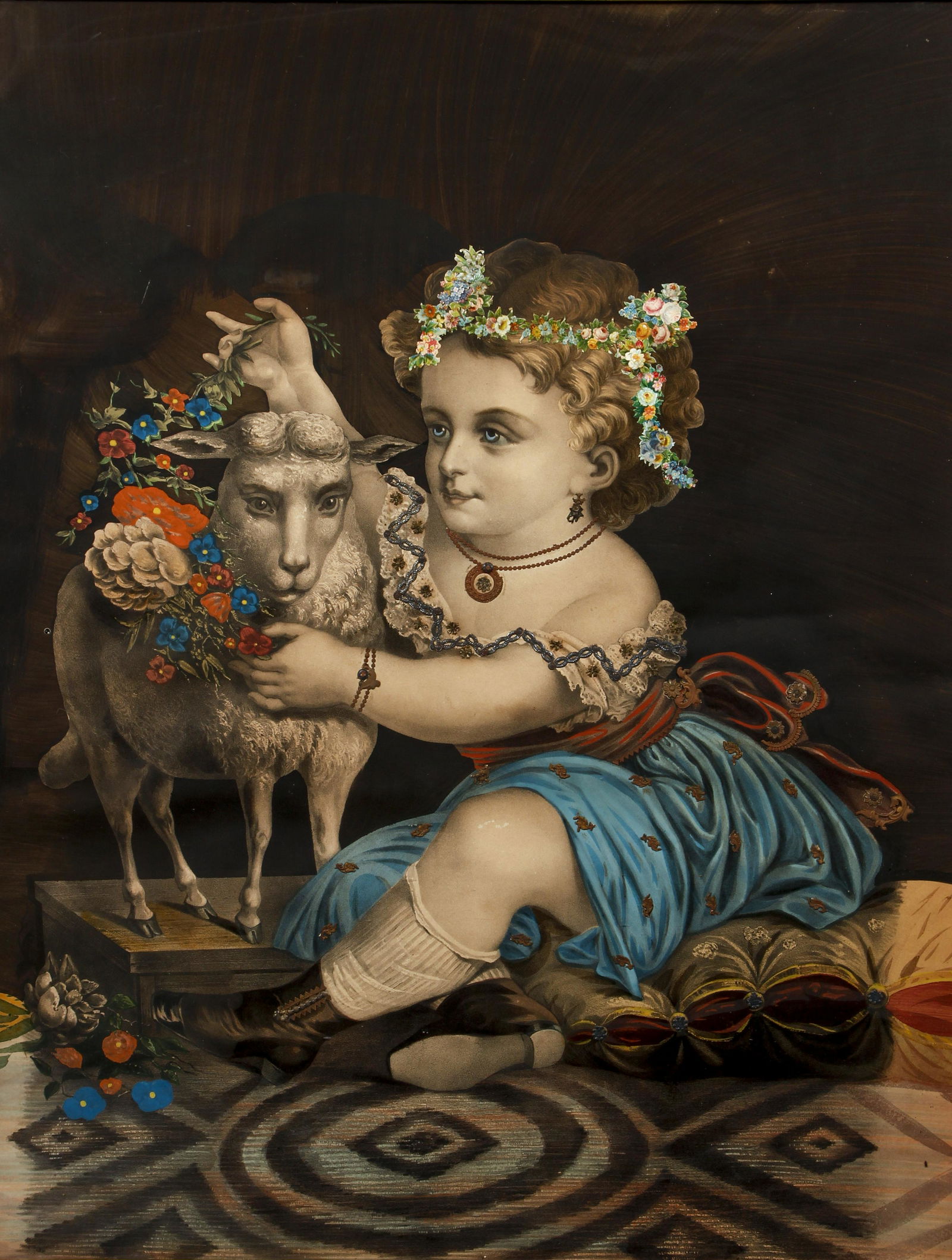 19th C. Victorian Decoupage Child with Her Lamb (1 of 3)