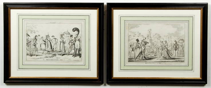 8 beautifully framed George Cruikshank Dandies or: Cruikshank, George (English, 1792-1878), 8 framed Dandies or Monstrosities of 1818, published by Thomas 1835, etchings, 10 x 13.75 inches, framed in attractive hand painted French mats and Hogarth sty