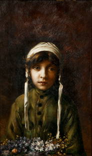 Charles Sprague Pearce oil The Little Flower Girl: Pearce, Charles Sprague (American, active in France 1851 - 1914), The Little Flower Girl, (La Petite Bouquetiere), oil on board, 14.5 x 9 inches, signed and inscribed Paris lower right, framed in a mo