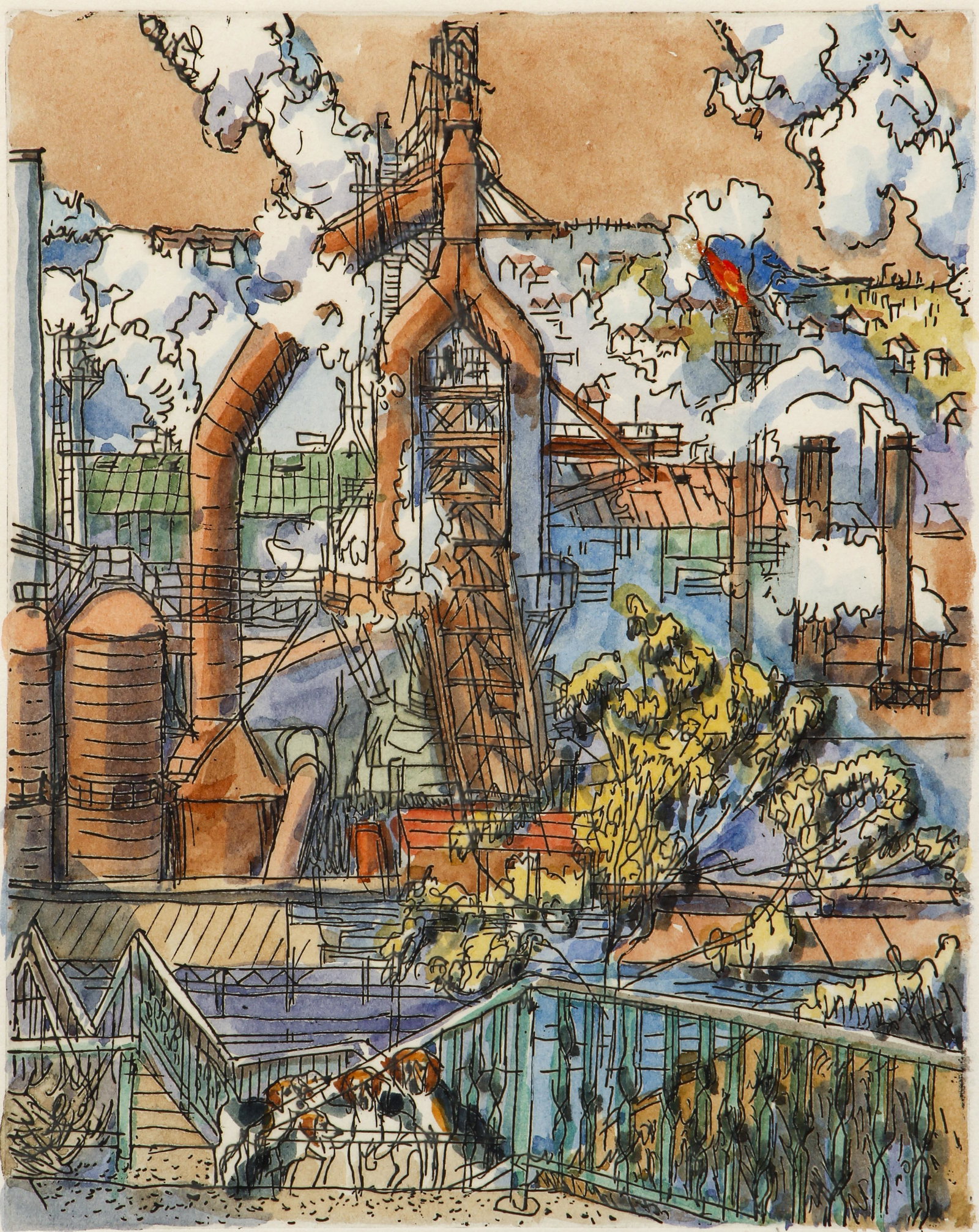 Henry Koerner 1971 hand colored etching J & L Steelmill (1 of 4)