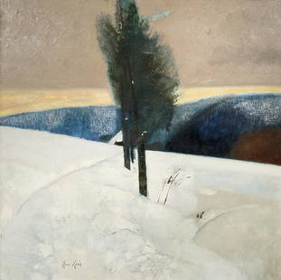 Rene Genis Neige a la Grande Pente oil: Genis, Rene (French, 1922-2004), Neige a la Grande Pente, oil on canvas, 31.5 x 31.5 inches, signed lower left, framed in a silver wood frame measuring 40 x 40 inches, Provenance: David Findlay Galler