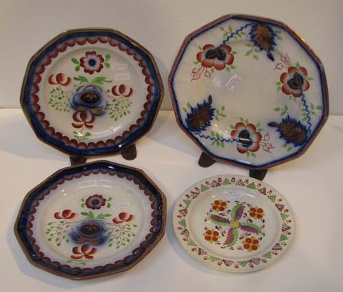 4 Plates: 3 Gaudy Ironstone and 1 Lustreware: 4 Plates: 2 Seeing Eye Gaudy Ironstone, Pearl White Gaudy Ironstone and Lustreware Medium: glazed ceramic Dimensions: largest plate measures: 9.5 inches diameter Provenance: Betty Apt Antiques