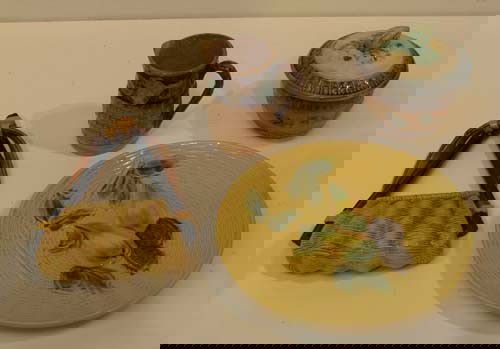 Assorted Majolica including wall pocket: Assorted Majolica including wall pocket, creamer, Zell handpainted 2230 plate, lidded acorn dish Medium: majolica Dimensions: wall pocket: 8 x 5.5 inches Provenance: Betty Apt Antiques