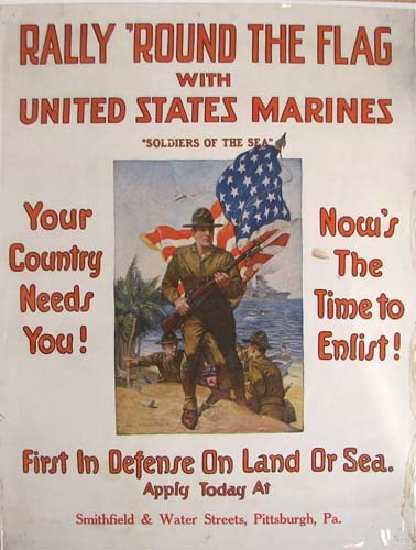 Rally Round The Flag WWI Poster: Artist: Riesenberg, Sidney H. Title: Rally Round The Flag with United States Marines, Soldiers of The Sea, Pittsburgh Recruitment Center Date: 1917 Medium: color lithograph Dimensions: 40.5 x 30 inche