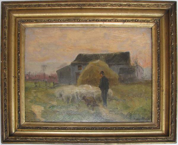 A. Bryan Wall ptg. Sheep and The Big Sheep Barn: Artist: Wall, Alfred Bryan (American, Weestern Pa. 1861-1935) Title: Sheep and The Big Sheep Barn Date: n.d. Medium: oil on wood panel Dimensions: 10.25 x 14.25 inches Signature: aigned A. Bry