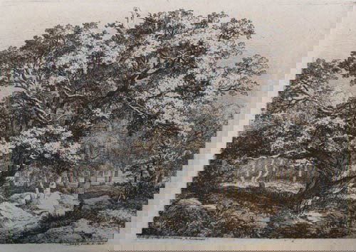 5 Eugene Blery landscape etchings w Thomas Bewick: Artist: Blery, Eugene ( French 1805 - 1886) , Bewick, Thomas (British 1753-1828 Title: In the Forest and some with Rustic Shacks and Bridges, Fontainebleau with At rest in the Forest Date: 1845 to 186