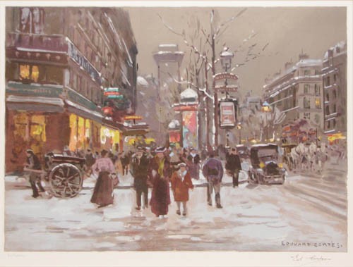 pair of Framed Edouard Cortes prints: Artist: Cortes, Edouard Title: Parisian Street Scenes Date: n.d. Medium: lithographs printed in colors Dimensions: 15.75 x 21.5 inches Edition Number: 105/500 and CV/CCCL Description: </