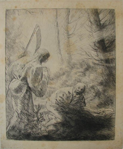 2 Legros and 1 Ribot original etching: Artist: Legros, Alphonse (French 1837-1911) and Ribot, Germain-Théodore (French 1830 ou 45-1893) Title: Le Lutrin, Death Comes to the Woodcutter, La Conversation Date: mid 19th Century Medium: etchin